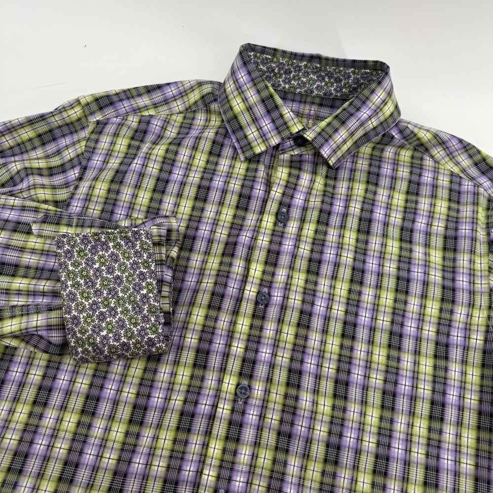 Robert Graham Mens XS Purple Lime Plaid Floral Trim Cotton Button Down Shirt